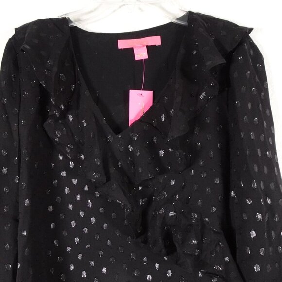 Lilly Pulitzer Olenna Silk Top Women's Size 2XS Black Ruffle Metallic Flowy - Picture 2 of 11